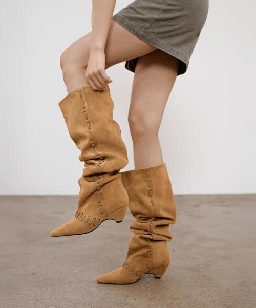 HAND STITCH NATURAL THIGH HIGH BOOTS IN CAMEL