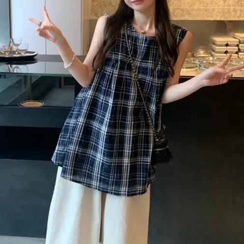 베이직 체크 민소매 블라우스