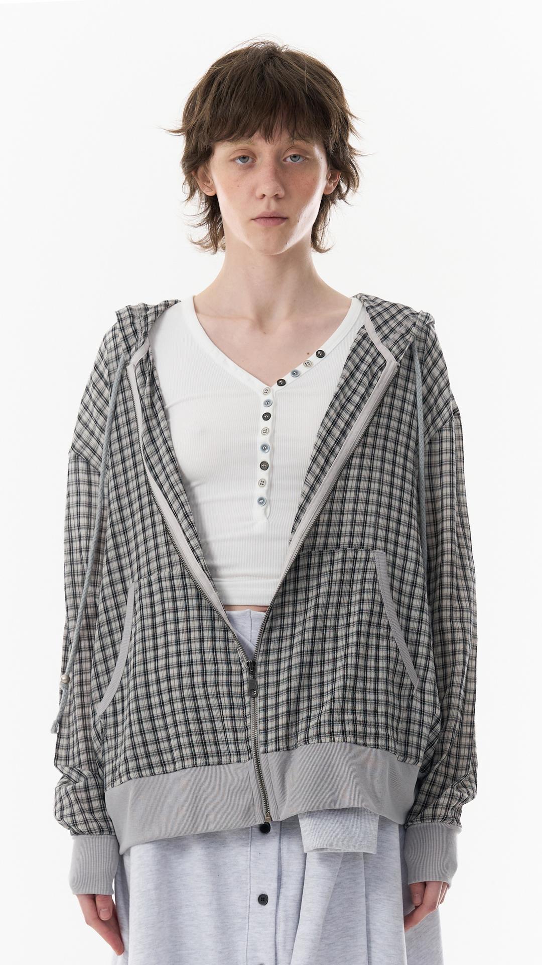 CHECK SEE-THROUGH ZIP-UP_BEIGE