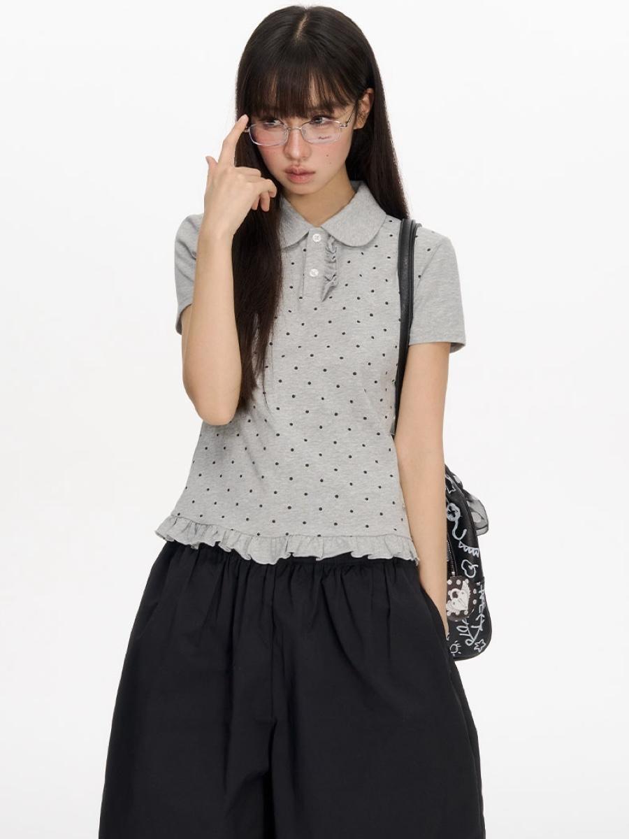 NECY STUDIO Polka Dot Ruffle Polo T-shirt