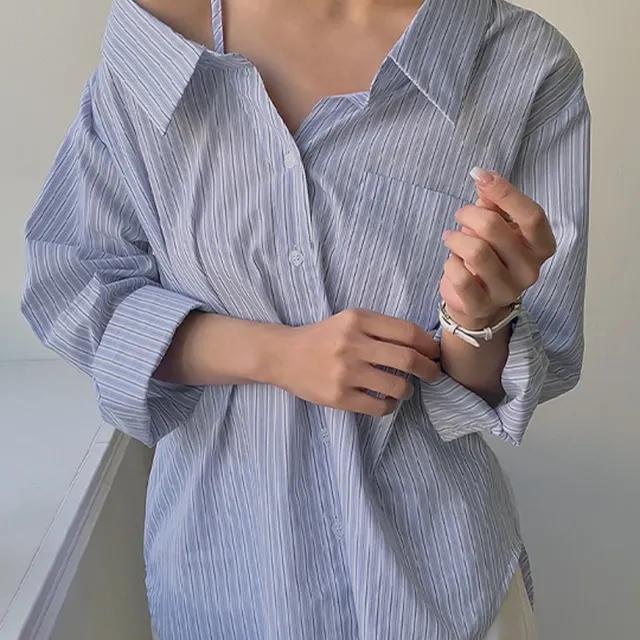 [44-120] [오프숄더/체형보완✔] 온트넨 코튼 스트라이프 언발 오프숄더 셔츠 (끈조절) (봄/신상/봄신상/데일리/데이트/데일리룩/데이트룩/페미닌룩/오피스룩/출근룩/빅사이즈/자체제작/120사이즈/통통녀/여리핏)