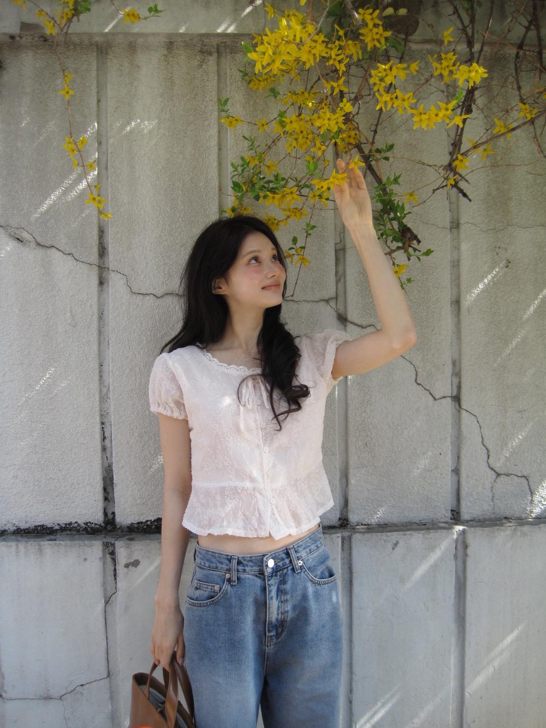 Acacia flower lace puff blouse [cream]