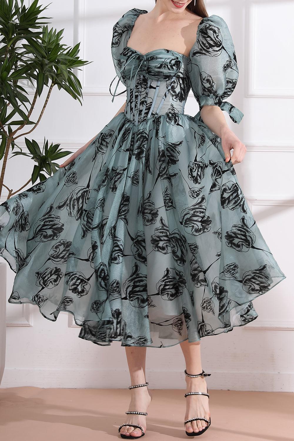 Corset Floral Print Organza Midi Dress with removable puff sleeves