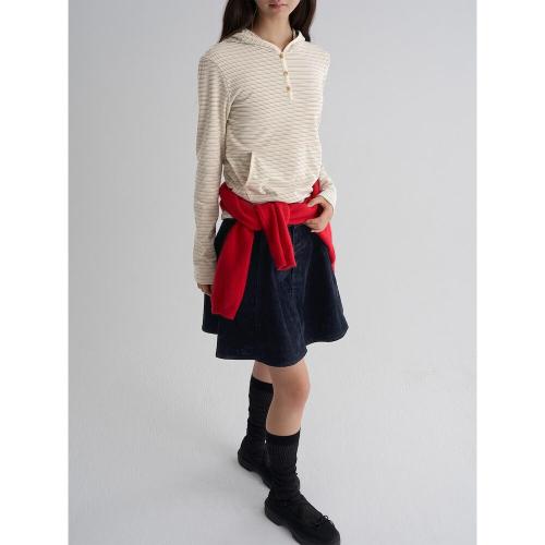 스트라이프 긴소매 후드 티셔츠  아이보리