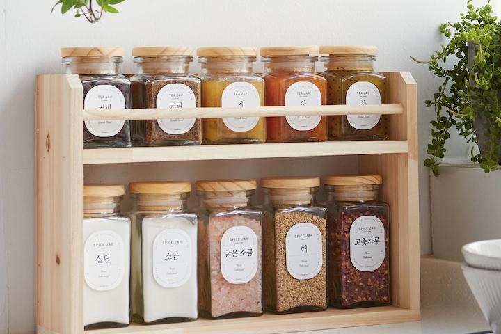 양념통 세트 2단 정리대 사각유리_10P 우드 선반