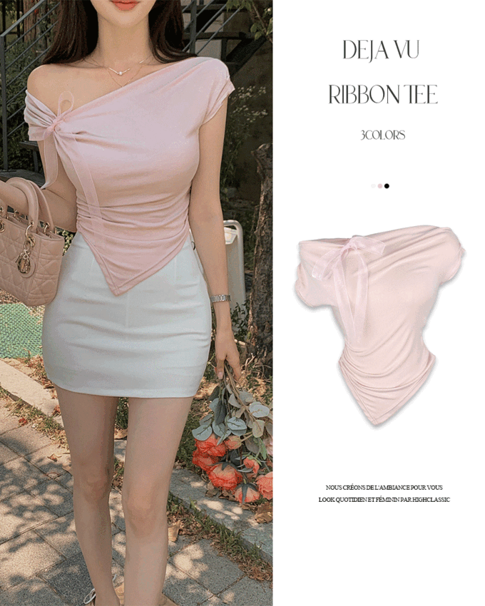 데자뷰 2WAY 페미닌룩 오프숄더 원숄더 리본 셔링 사선 언발 크롭 드레이프 캡소매 티셔츠