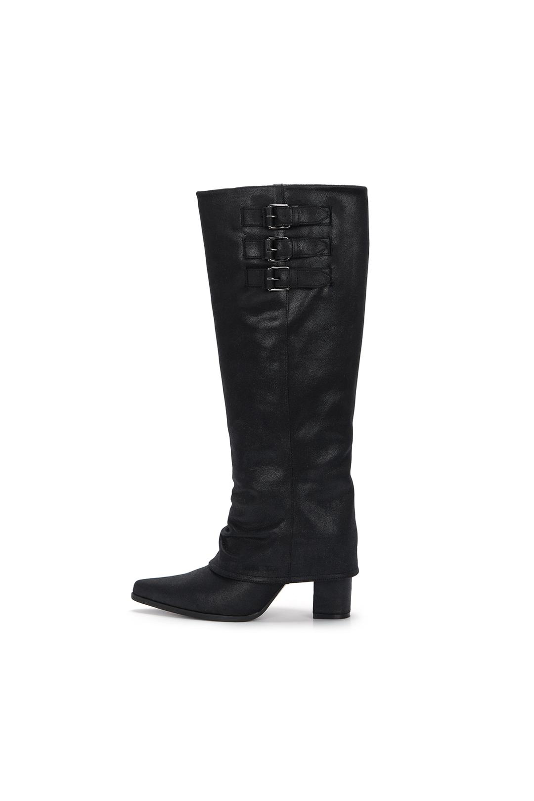 BUCKLE LAYERED LEATHER LONG BOOTS IN BLACK