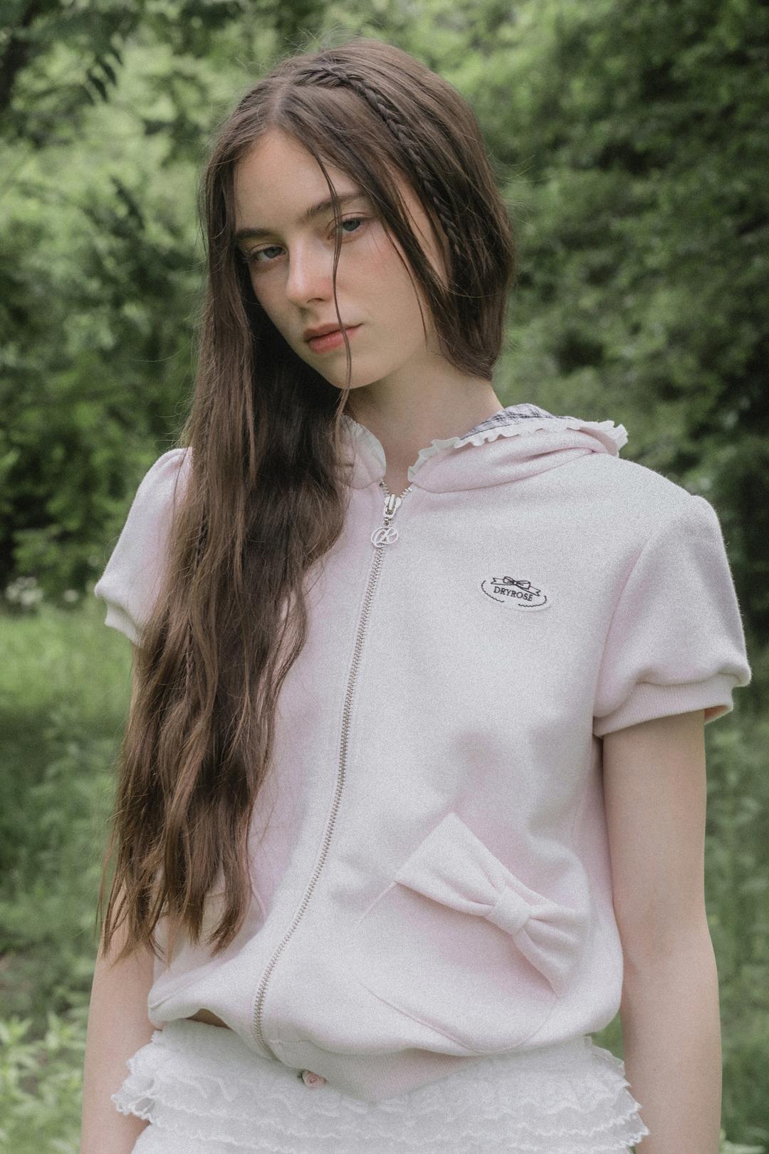 [Restock] RIBBON CHECK SHORT-SLEEVE HOODIE (PINK)