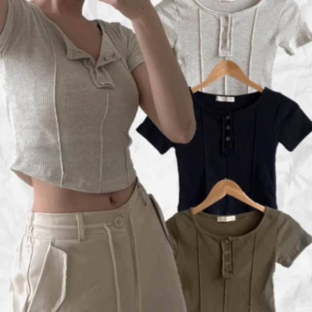 [데일리 필수템] 날씬해보이는 타이트 스냅 세미크롭 반팔 크롭티 크롭반팔 반팔티  Y2K 뉴진스 카키, 블랙, 오트밀