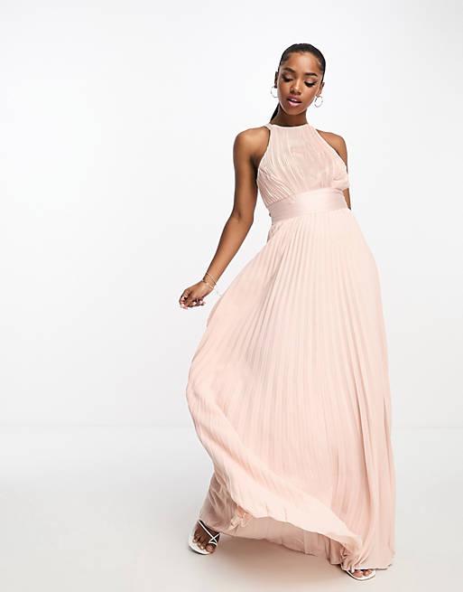 ASOS DESIGN Bridesmaid pleated pinny maxi dress with satin wrap waist