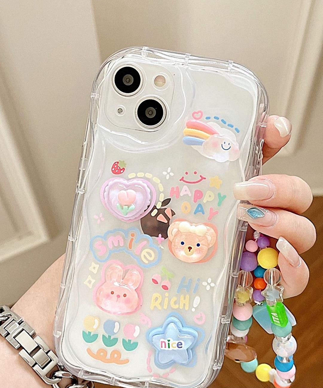 당일출고❤귀여운 캐릭터 토끼 곰돌이 투명 물결 아이폰케이스 지비츠 파츠 입체 스트랩 핸드폰케이스 ( 아이폰 7 8 12 13 미니 11 14 15 프로 맥스 )