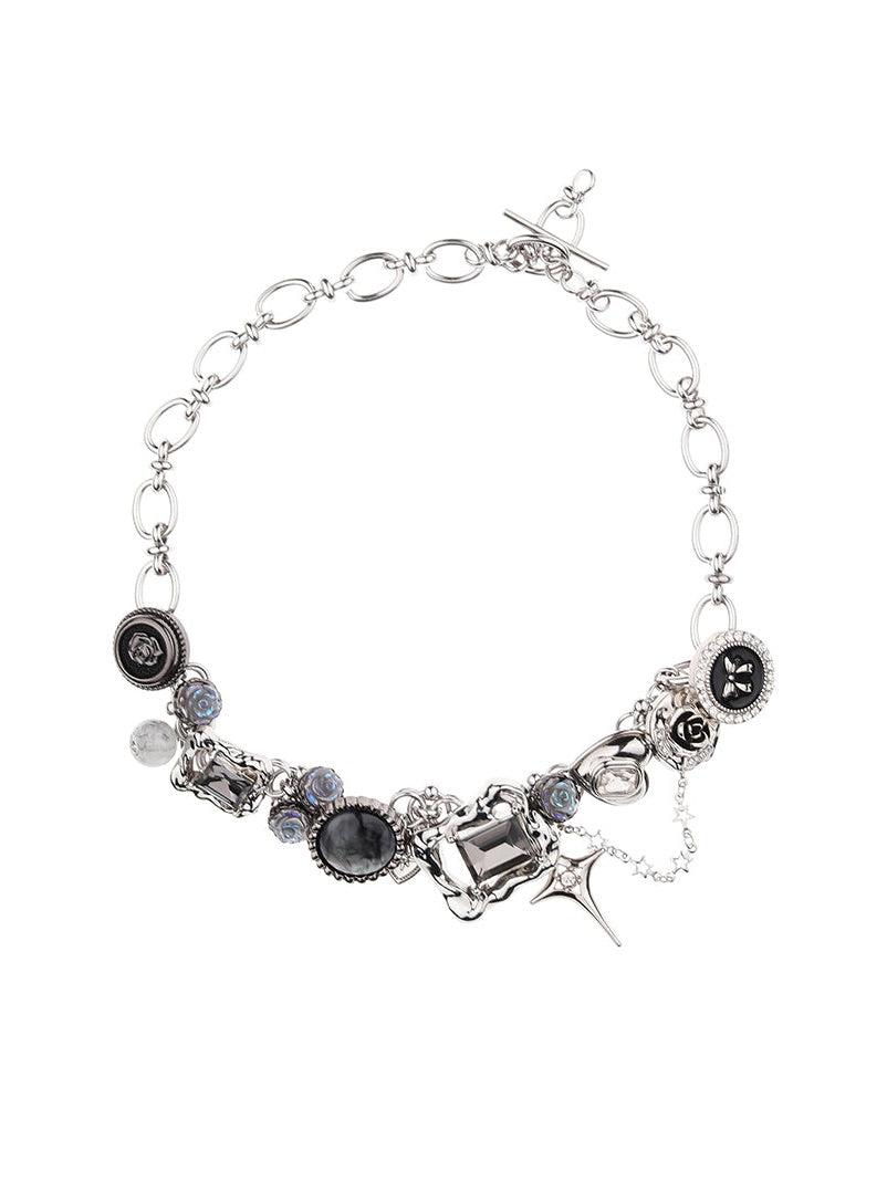 Zircon Rose Pendant Niche Button Combination Choker - black 45cm(presale)