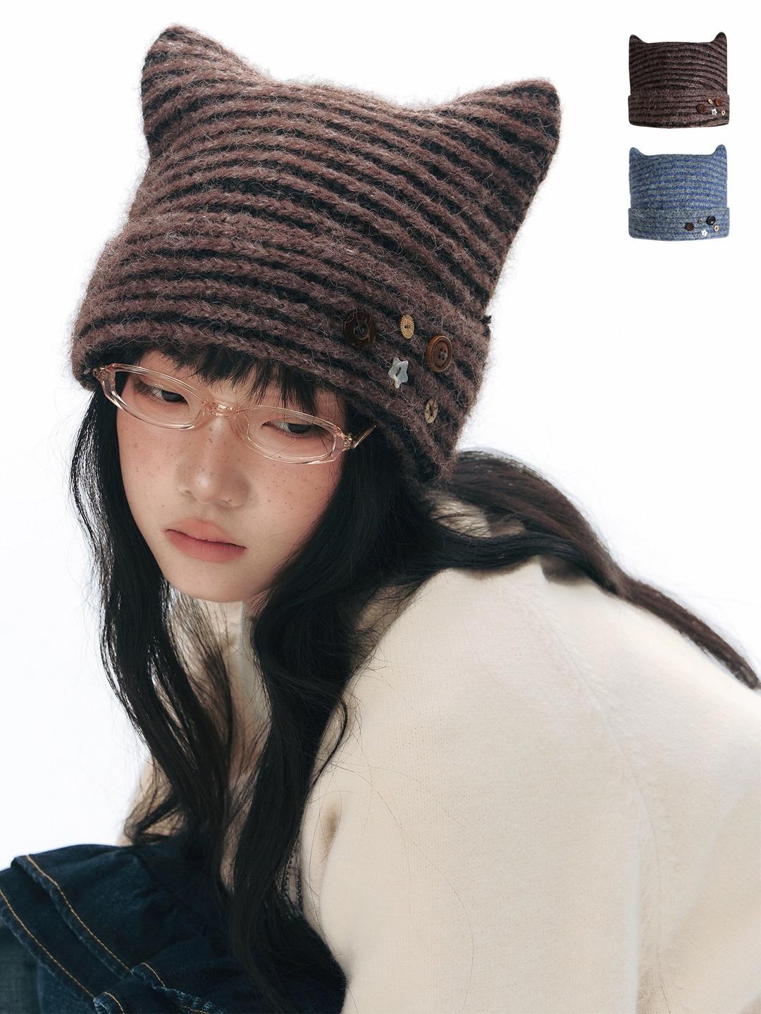 TAKEANAP Stripe Cat-Ear Knit Beanie