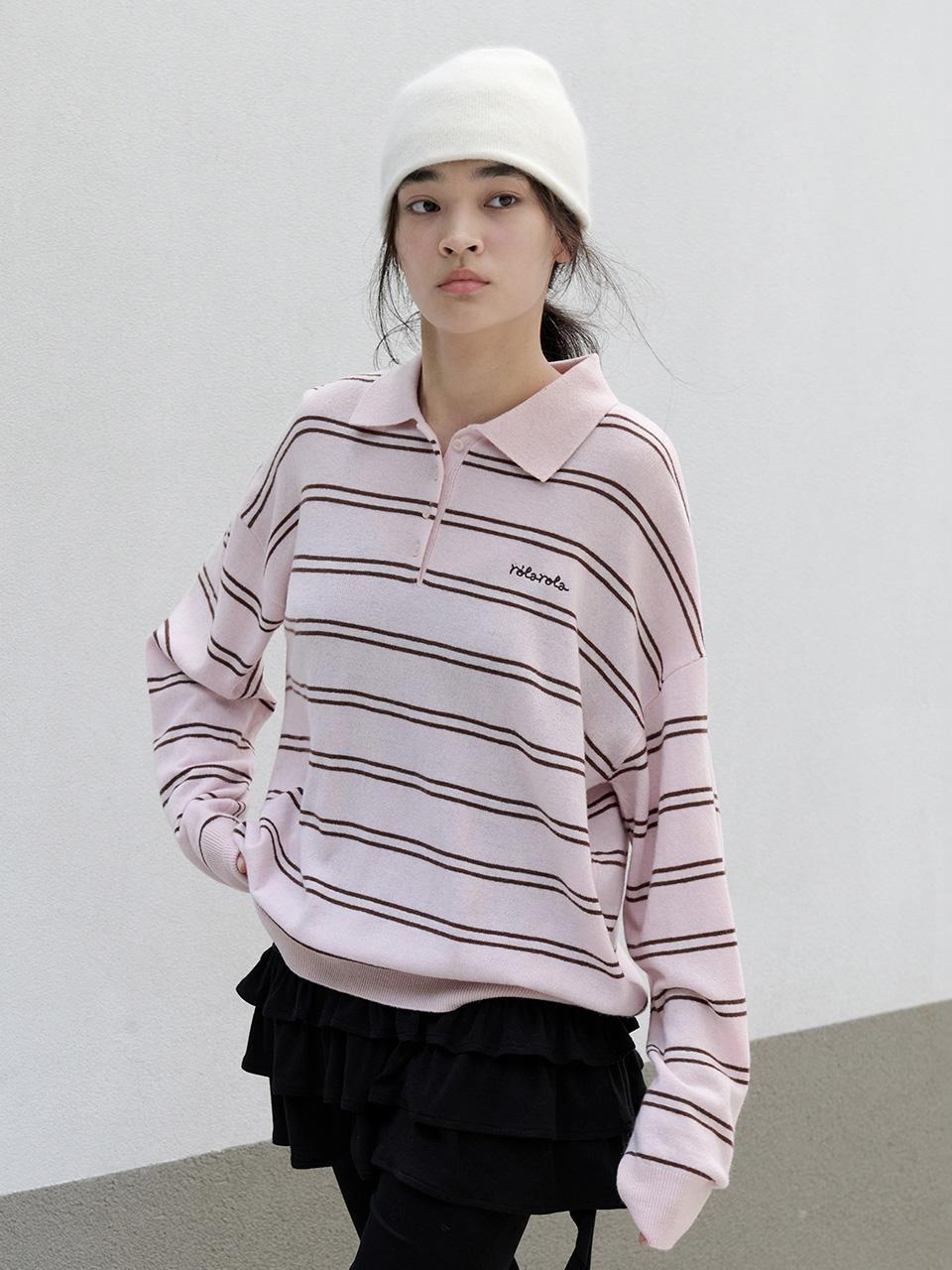 LOOSE FIT COLLAR STRIPE KNIT PINK