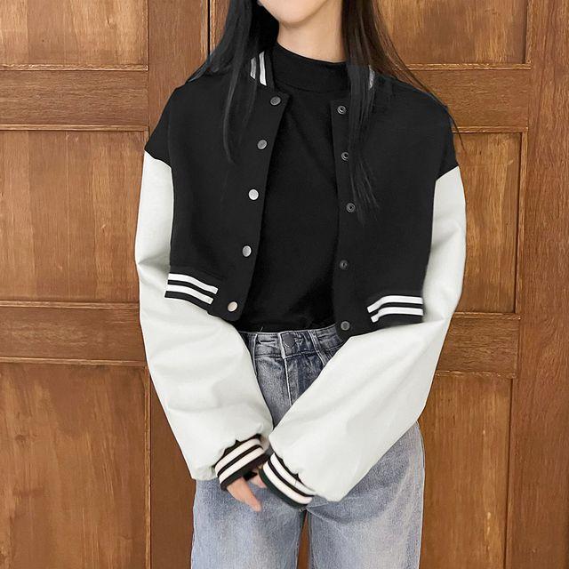 [당일출고] 쏘옷 여성용 크롭 레더 배색 야구 점퍼