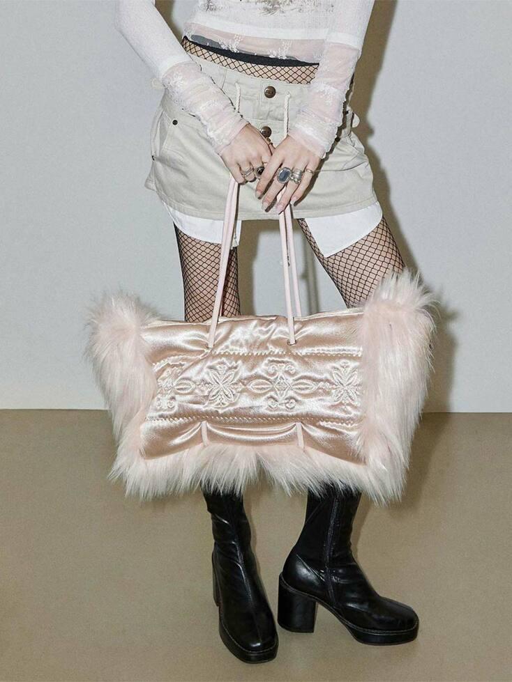 Fluffy Slouchy Satin Bag Coral Beige/Pink