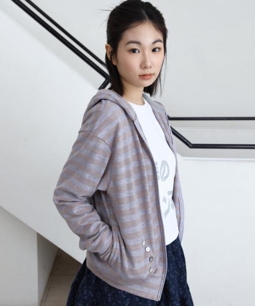 스트라이프 버튼 니트 후드 집업 (퍼플)