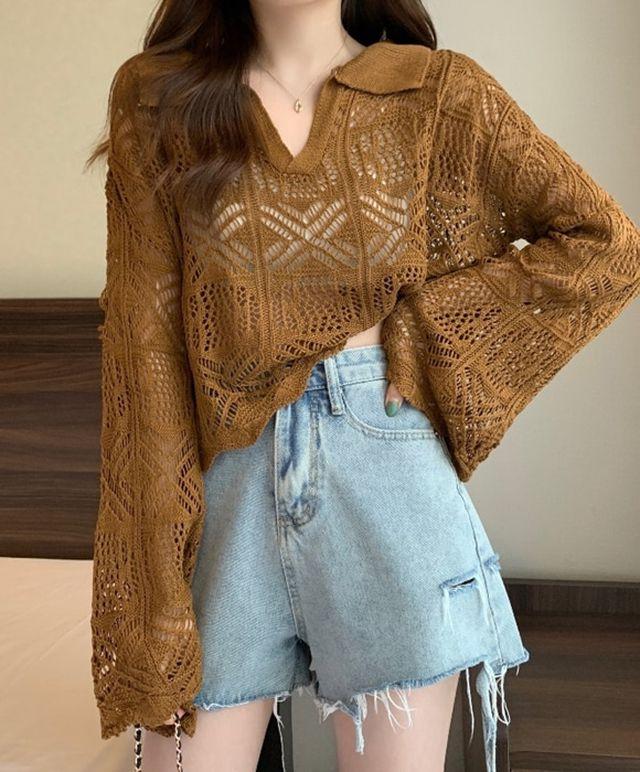 구멍난 펀칭 에스닉 보헤미안 일상 데일리룩 스타일 가디건 브이넥 니트 여름 시원한 무늬 롱슬리브 니트 스웨터 여름 옷 센스있는 상의