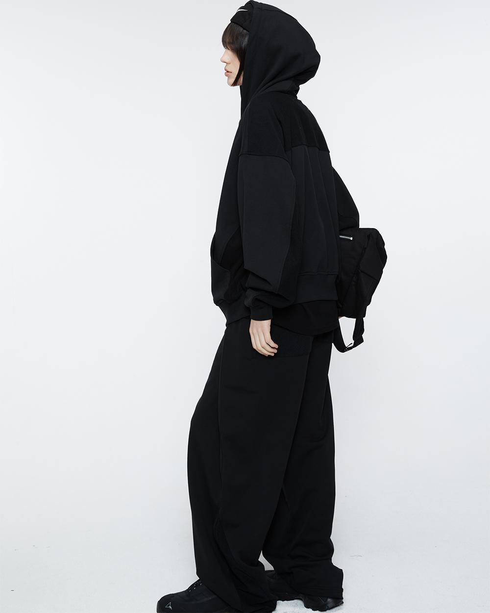 MIXED FABRIC SWEAT ZIPUP HOODIE BLACK(VT101)
