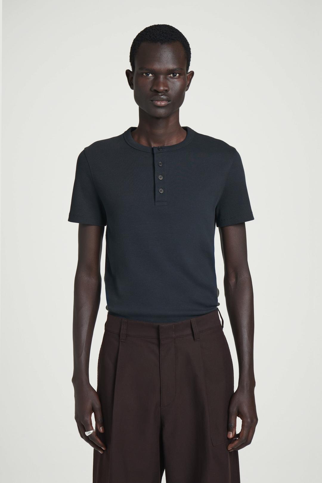 T-SHIRT HENLEY CÔTELÉ COUPE SLIM - BLEU MARINE