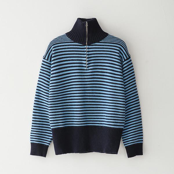 Bluesf merino wool stripe half zip-up [Blue]