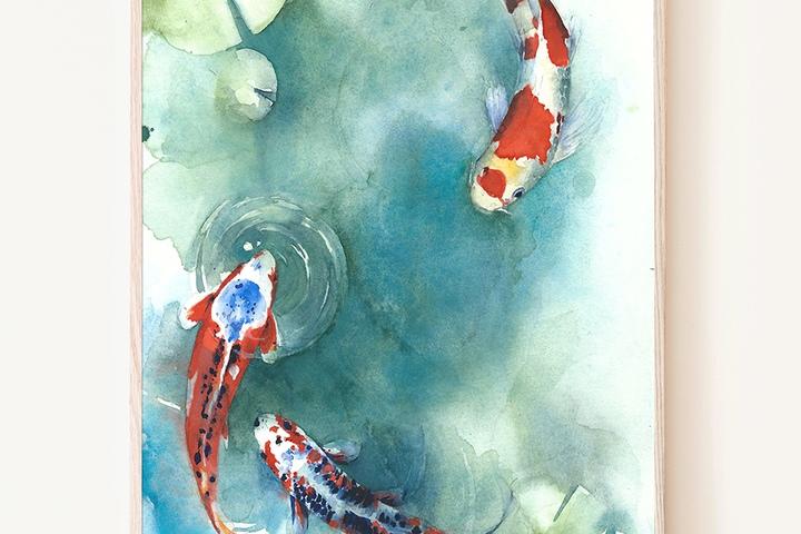 풍수 잉어 그림 연꽃 물고기 구어도 동양화 인테리어 액자