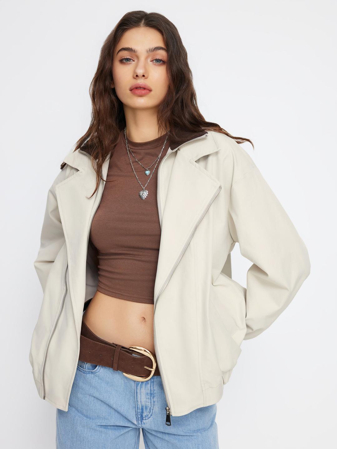 Two Tone Collar Zip Through Oversized Jacket