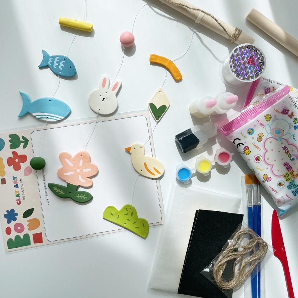 지점토 모빌 만들기 DIY 7종 키트 공예 세트 [점토 오브제 소품 인테리어 물감 놀이]