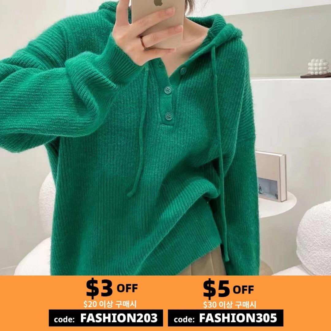 새로운 레트로 가을 겨울 니트웨어 후드 풀오버 스웨터, 긴 소매 부드러운 끈질긴 느슨한 레이지 스웨터, 여성용 내부 탑