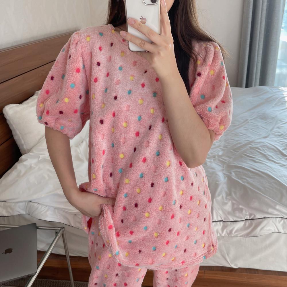 국내제작 캔디 극세사 롱원피스 홈웨어 겨울 따뜻한 수면잠옷 파자마