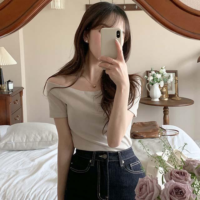 어베러데이 (주문폭주/재입고) 슬림 여리핏 오프숄더 반팔 티셔츠 - 4C