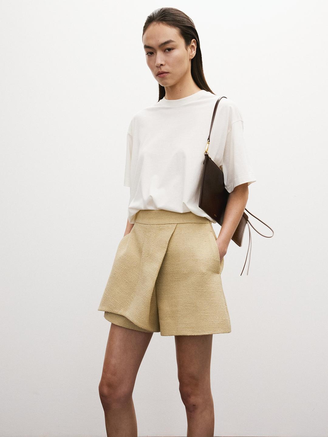 WRAP DETAIL CULOTTE TWEED PANTS (KHAKI BEIGE)