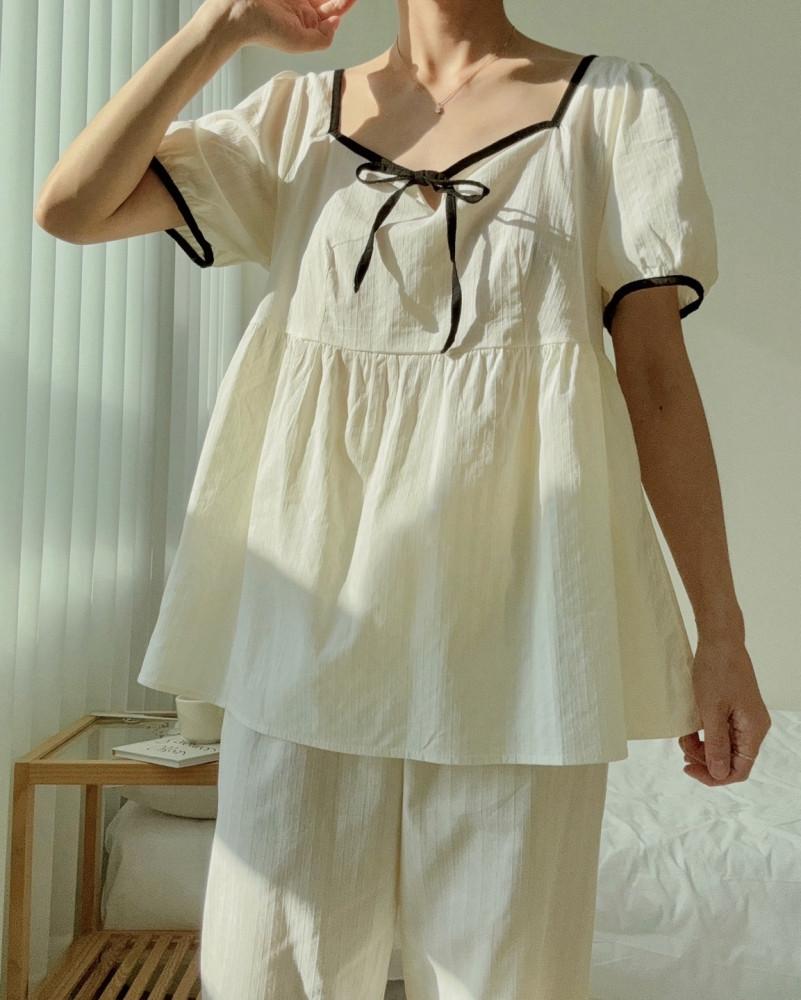 여름 잠옷 면 리아 스퀘어넥 반팔 긴바지 홈웨어 가을