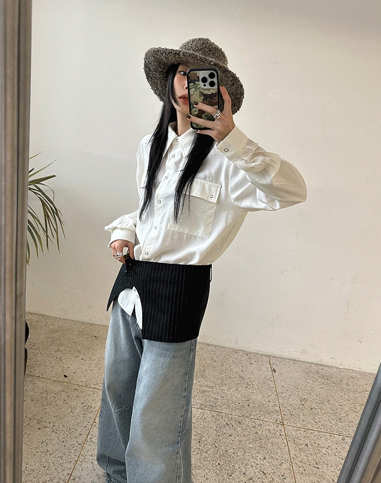 스트라이프 버튼 랩 스커트