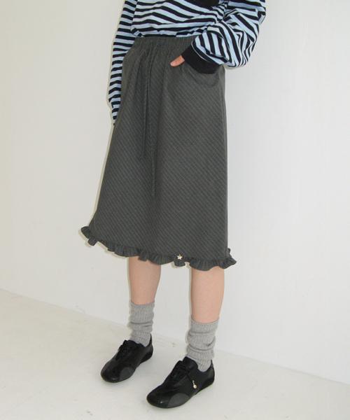 STRIPE FRILL STAR CHARM MIDI SKIRT GREY
