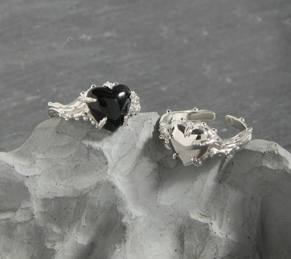 하얗고 검은 심장 은 반지 925 마노 천연석