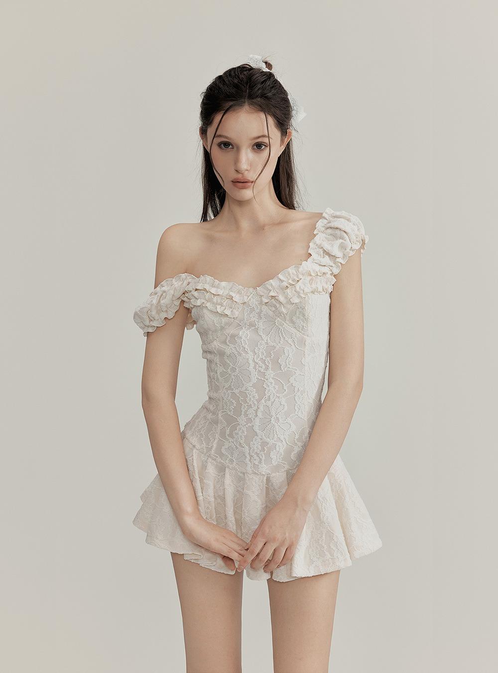 Jacquard Lace Frill Flare Mini Dress