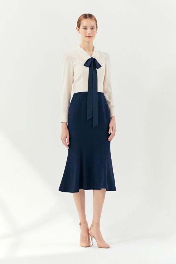 EMMA Classic collar detail with Semi mermaid dress (Light Beige & Navy)