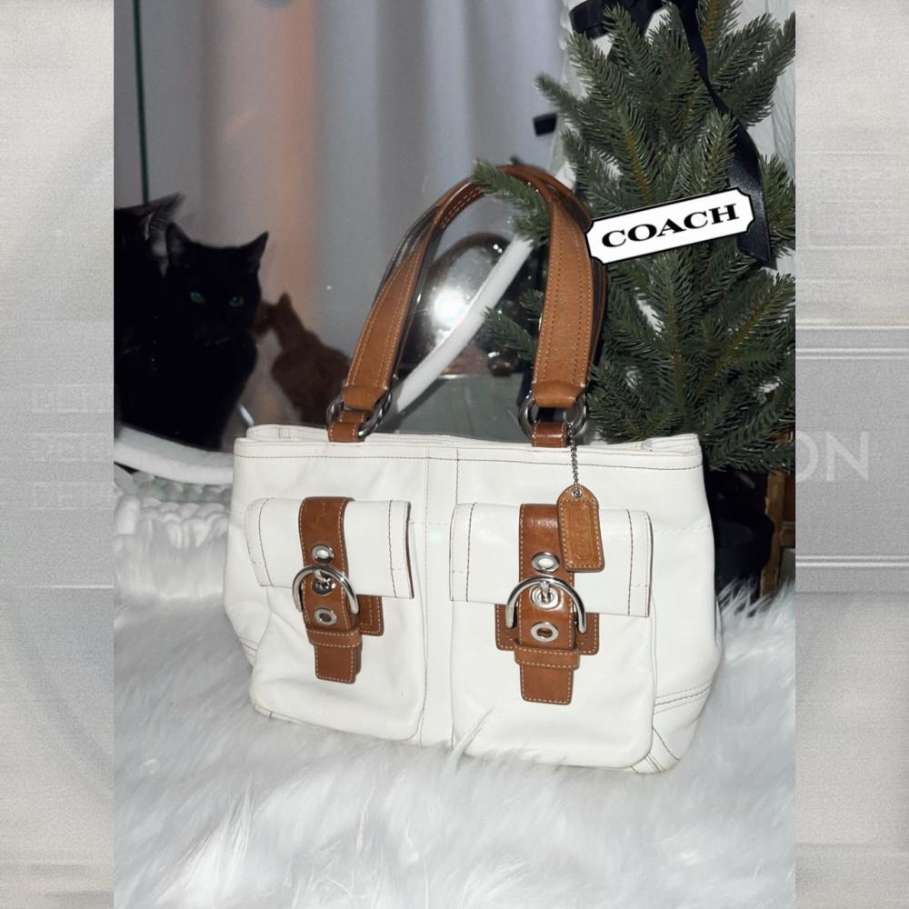 [중고] 코치 브라운 & 화이트 레더 백