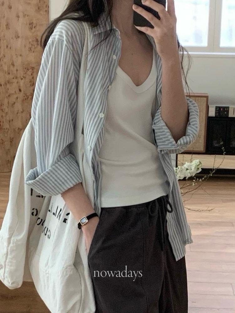 나우어데이즈 베르가못 프레쉬 셔츠 텐셀 스트라이프 긴팔 카라 포켓 썸머 남방 (2col)