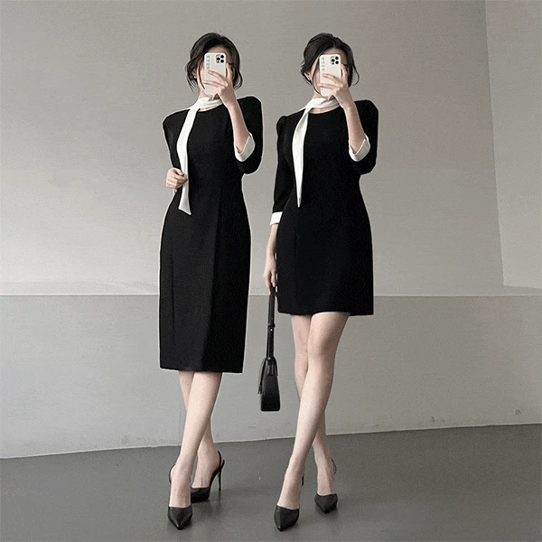 [롱,숏✔️/고급미✨/하객룩🪞] 가나다란 첼로스 스카프 타이 투톤 배색 레이어드 블랙 7부 소매 미니 롱원피스