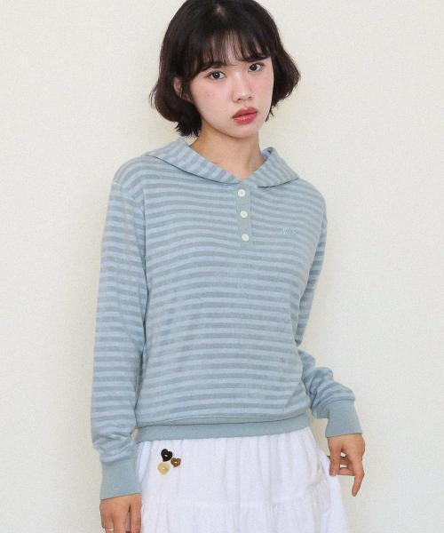 ke302-Stripe Knit Hoodie Blue