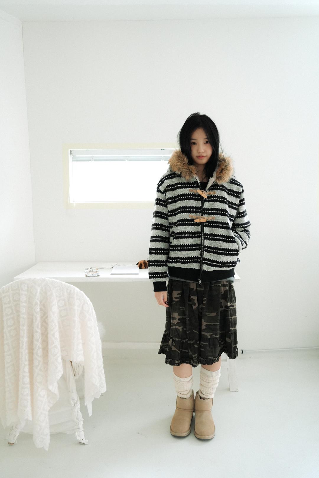Knit hooded jacket, striped