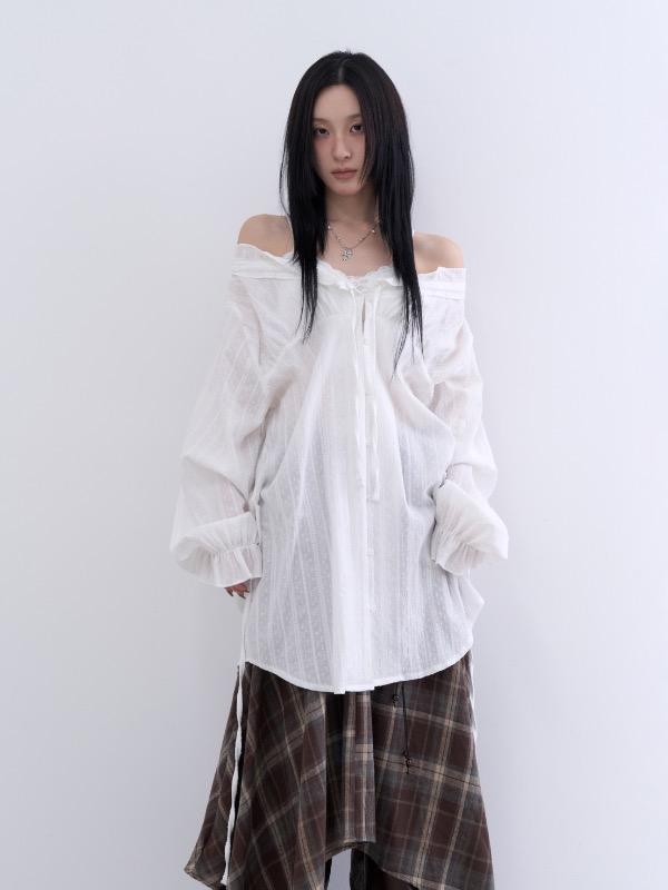 feminine shoulder shirring blouse