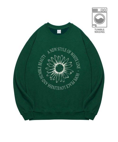 IRT122  유니섹스 아트플라워 데이지 심볼 레터링 세미오버핏 맨투맨 딥그린