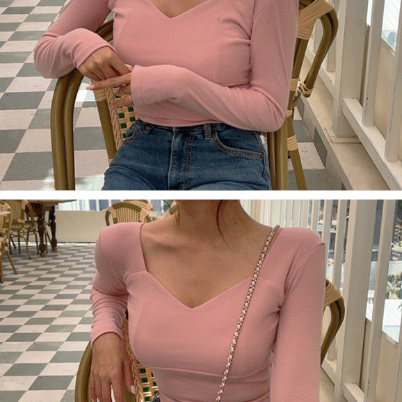 하트넥 크롭 긴팔 티셔츠