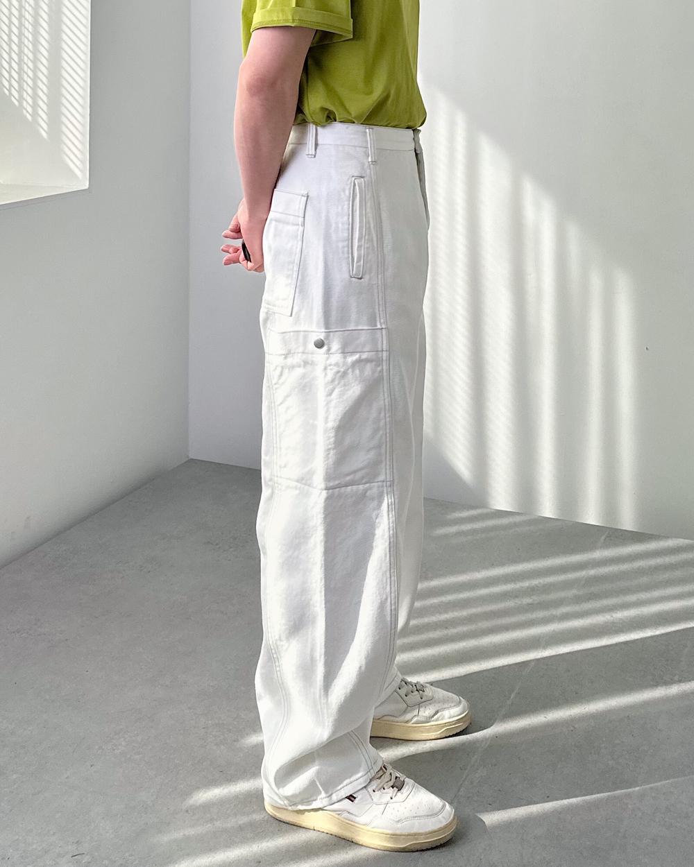 버튼 카고 코튼 와이드 스티치 라인 팬츠