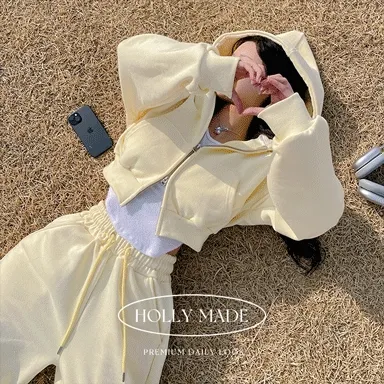 [MADE/허리잘록][봄데일리/고퀄보장] 데이지 크롭 후드집업+롱 와이드팬츠 set 봄트레이닝 데일리추리닝 캠핑룩 봄데이트