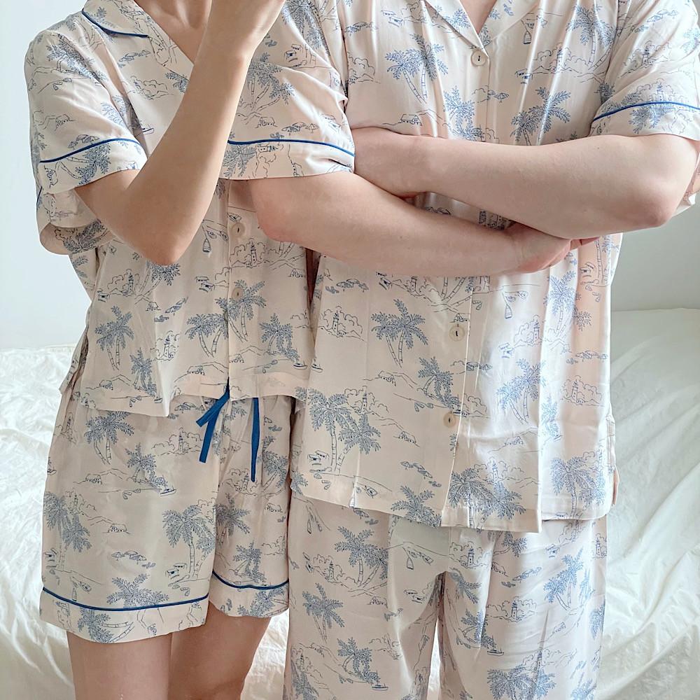 야자수 레이온 여성 남성 커플파자마 여름홈웨어 반팔잠옷