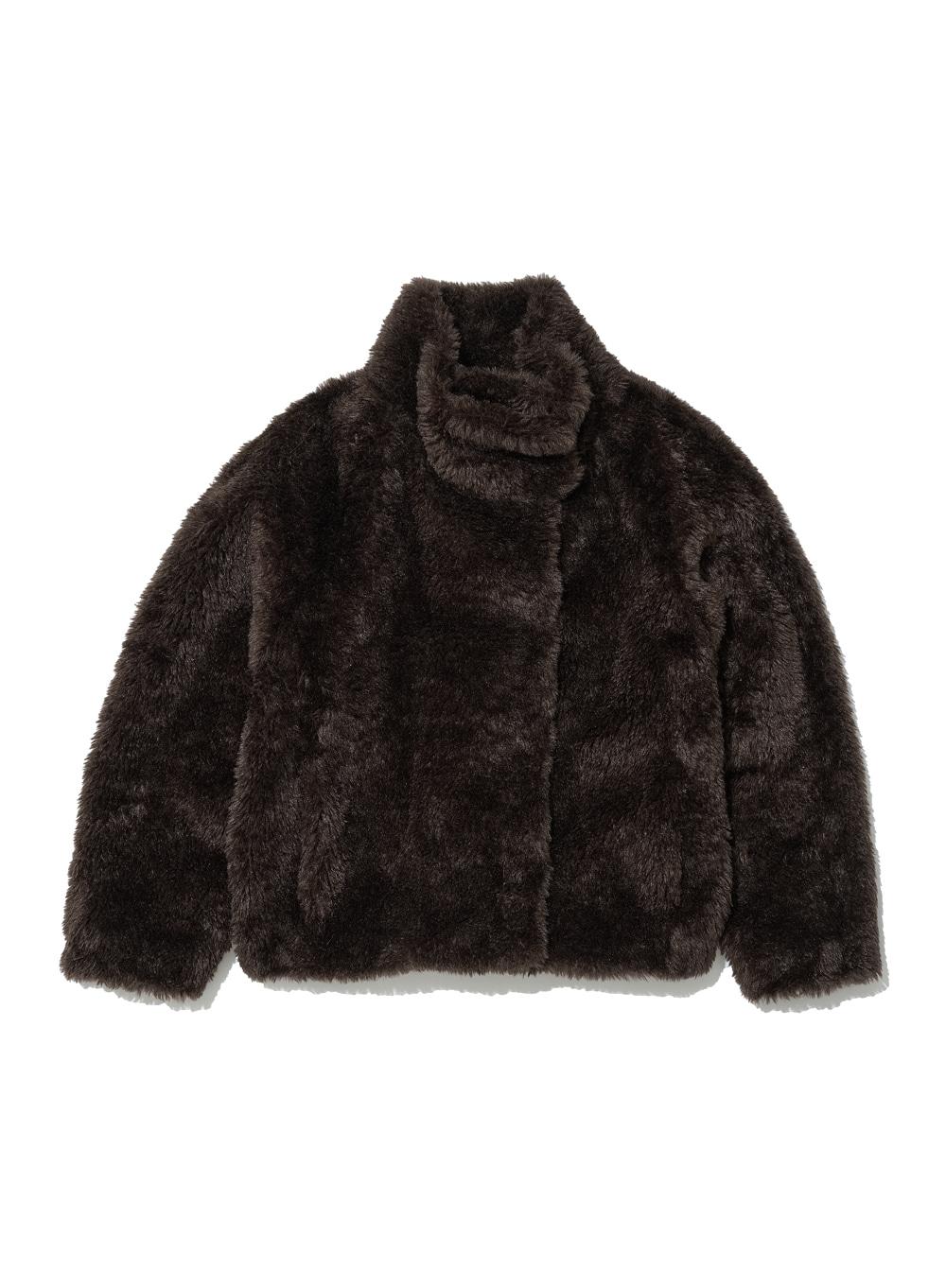 [WOMEN] COCOON HIGH NECK FUR JACKET_BROWN